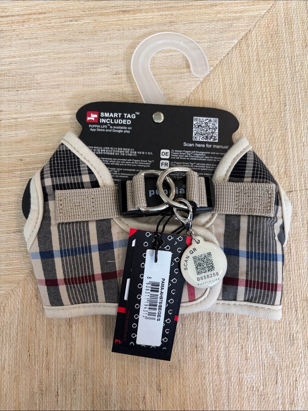 Puppia Beige Plaid Dog Harness with Smart Tag